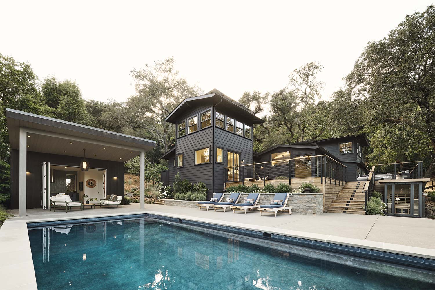House Rear and Pool House with Pool in Foreground, exterior