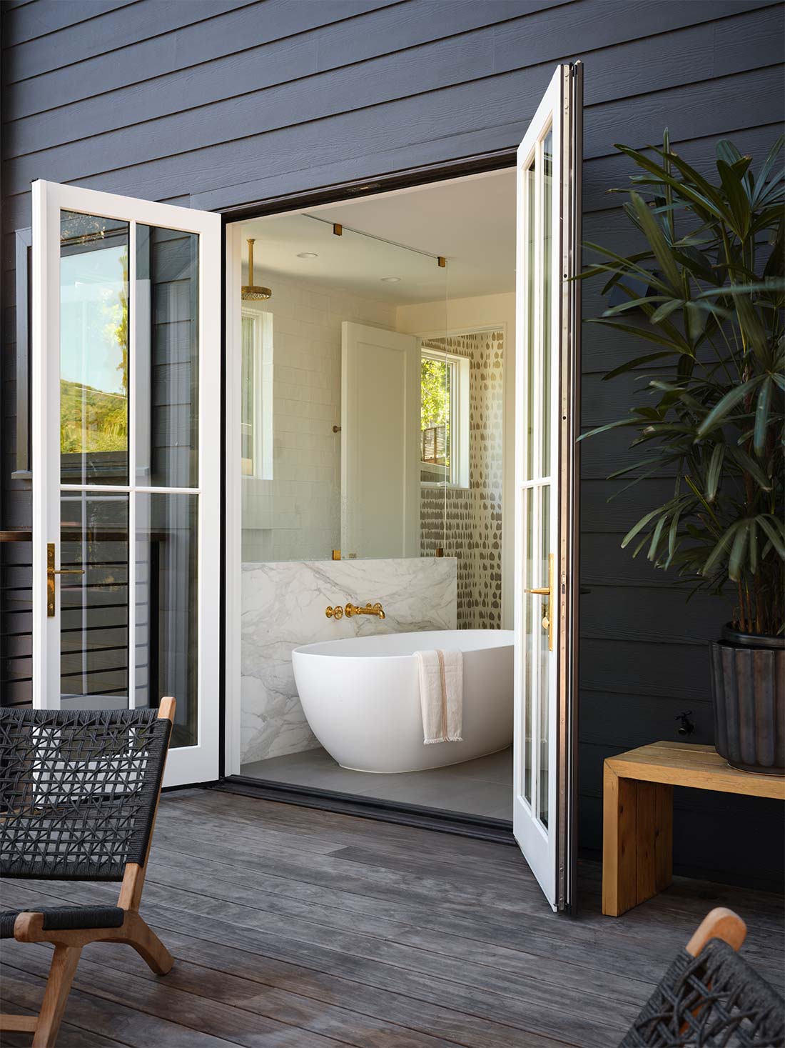 Outdoor Deck to Bathtub Through French Doors, exterior
